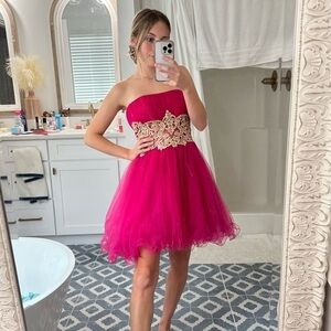Sherri hill hot pink strapless tulle lace cut out bejeweled short prom dress